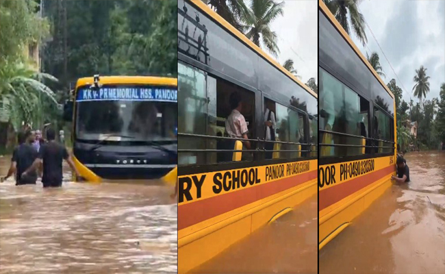 നാട്ടുകാരുടെ മുന്നറിയിപ്പ് അവഗണിച്ചു; അരക്കൊപ്പം വെള്ളക്കെട്ടില്‍ സ്‌കൂള്‍ ബസ് കുടുങ്ങി, വീഡിയോ