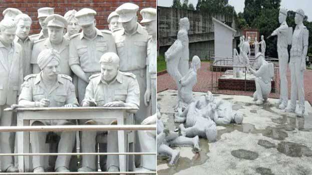 1971ലെ യുദ്ധത്തിന് ശേഷം ബംഗ്ളാദേശിൽ പാക് സൈന്യം കീഴടങ്ങുന്നതിന്റെ പ്രതീകാത്മക പ്രതിമ തകർത്ത് ഇന്ത്യാവിരുദ്ധർ