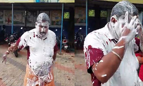 മുന്നറിയിപ്പില്ലാതെ വൈദ്യുതി മുടങ്ങി; പുളിച്ച മാവ് തലയില്‍ ഒഴിച്ച് കെഎസ്ഇബി ഓഫിസില്‍ വ്യാപാരിയുടെ പ്രതിഷേധം.