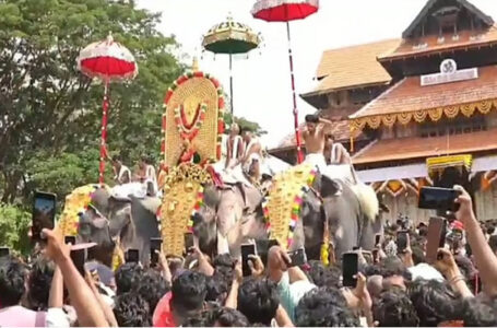പ്രൗഢഭംഗിയോടെ തെച്ചിക്കോട്ടുകാവ് രാമചന്ദ്രന്റെ കടന്നുവരവ്, രാജാവ് എപ്പോഴും രാജാവ് തന്നെ’; വരവേറ്റ് ആയിരങ്ങൾ