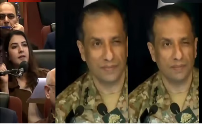 വനിതാ റിപ്പോര്‍ട്ടറെ കണ്ണിറുക്കി കാണിച്ചു, പാക് സൈനിക വക്താവിന്‍റെ വാര്‍ത്താ സമ്മേളനം വിവാദത്തില്‍ -വിഡിയോ